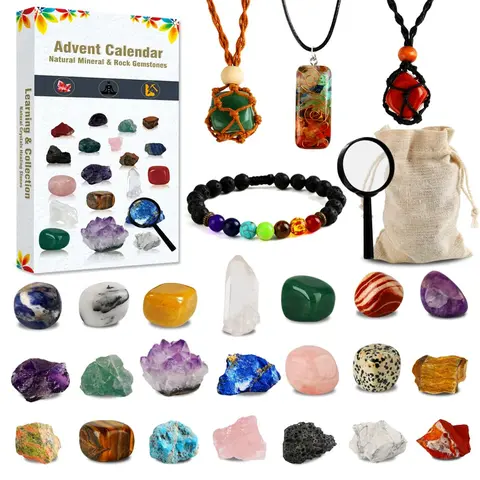 Advent Calendar 2025, Crystals and Healing Stones Christmas Countdown Calendar Natural Chakra Gemstones Set with Crystal Necklace Bracelet Christmas Gifts for Women Kids Girls Boys Collection