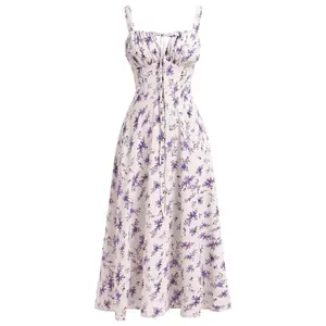 Women Floral Corset Dress Spaghetti Straps Square Neck Casual Waist Split Casual Beach Dresses, Milkmaid Dress, Womenswear Comfort