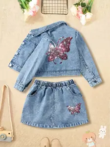 Women's Denim Jacket & Skirt Set (2pcs), Colorful Bow Sequins Butterfly Print, Casual Spring Fall, Outdoor Activities