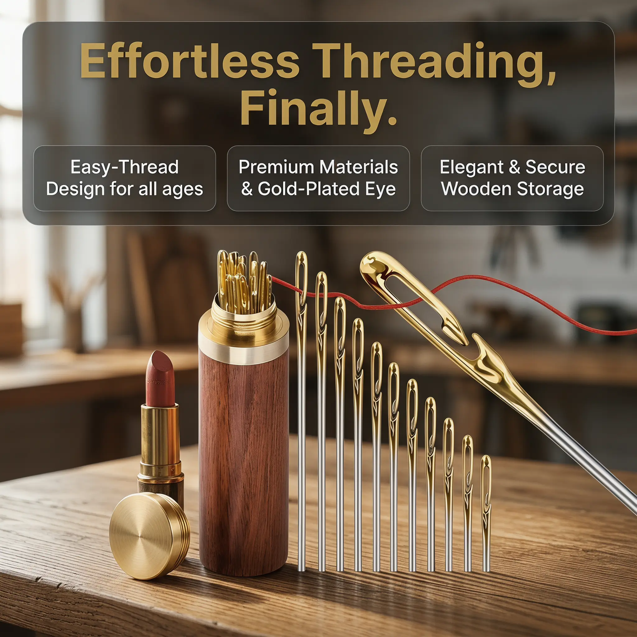 Self-Threading Needles Set with Wooden Storage Tube, Easy Threading Sewing Needles for Hand Sewing