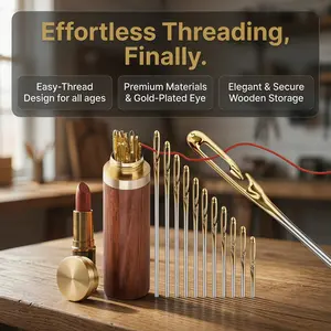 Self-Threading Needles Set with Wooden Storage Tube, Easy Threading Sewing Needles for Hand Sewing