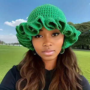 2025 Solid Color Ruffled Crochet Knitted Hat Pleated Wide-Brimmed Bucket Hat Unisex Funny Fashion Pullover Hat for Casual Outings Parties or Lounging at Home