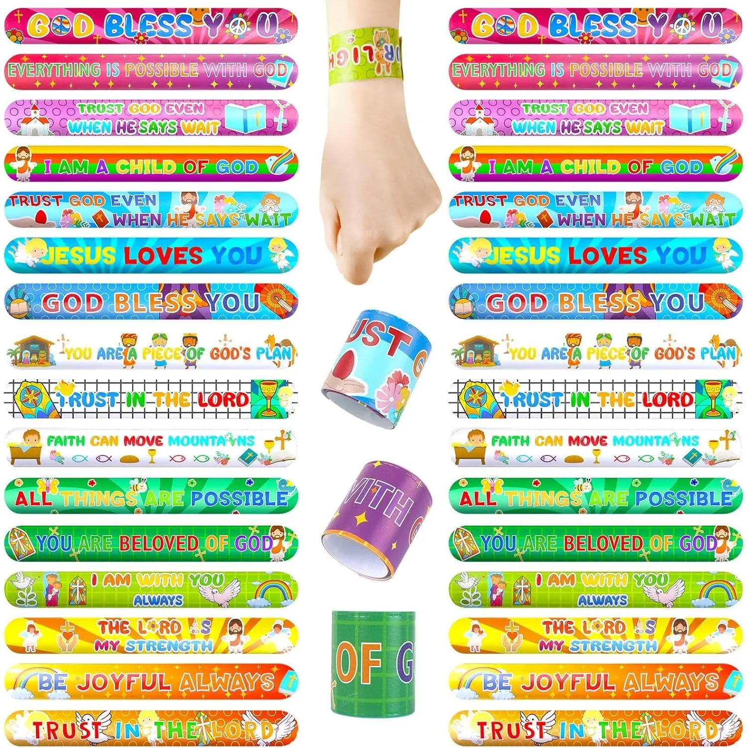 48 count Christian Slap Bracelets, Snap Wristbands  Verses Religious Snap Bracelets for  Sunday School Gifts Classroom Prizes
