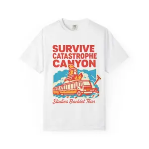 SURVIVE CATASTROPHE CANYON - Studios Backlot Tour, Hollywood Stunt Casual Cotton Fabric Menswear T-Shirt - Soft Comfort Colors Graphic Tee