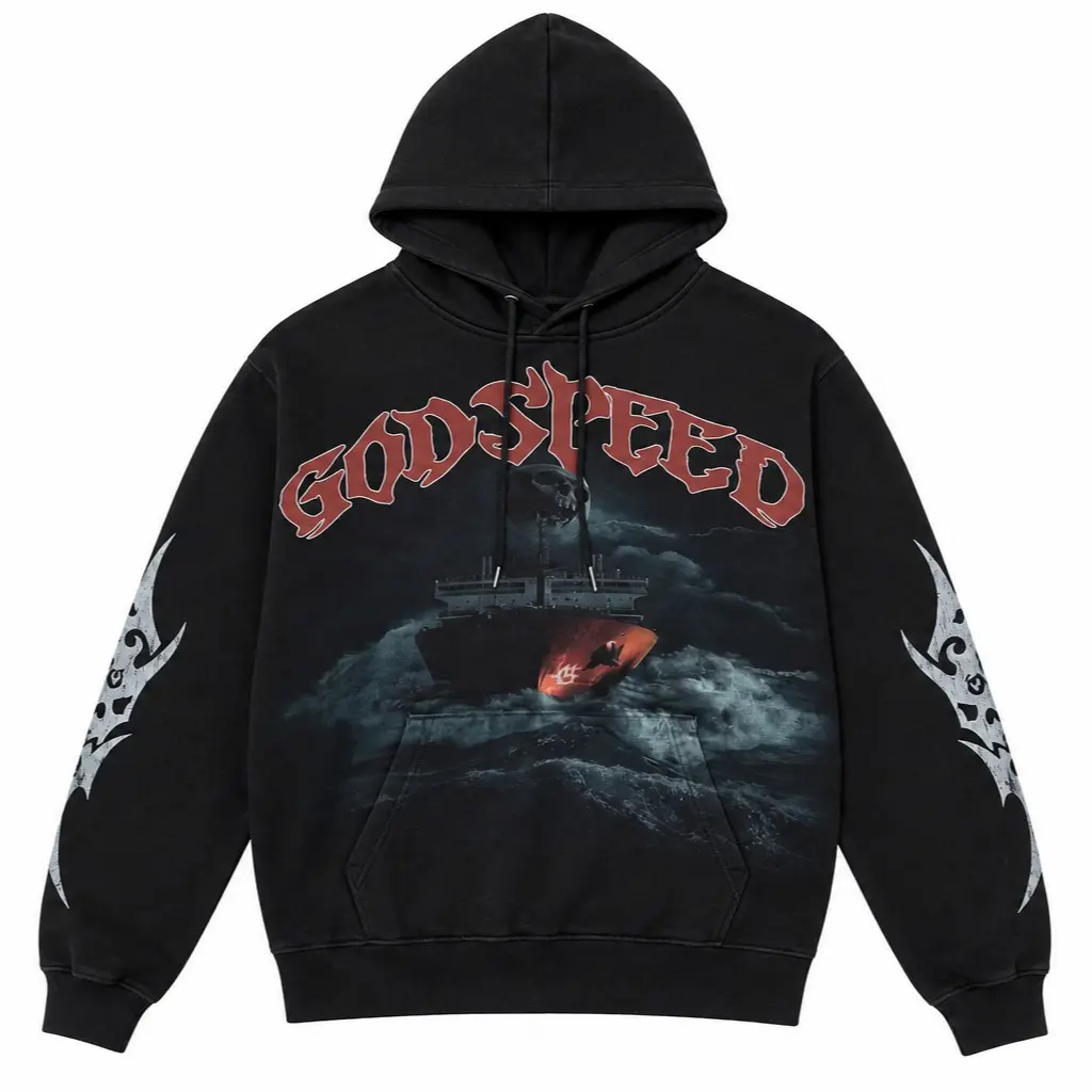 Godspeed Storm Ship Graphic Hoodie, Gothic Ocean Pullover with Tribal Sleeve Print