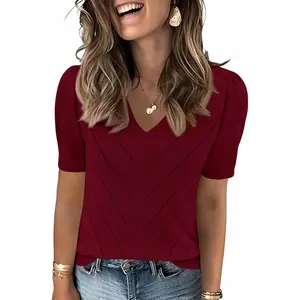 Womens Sweaters Puff Short Sleeve Lightweight Knit Summer Fall Tops Dressy V-Neck Work Blouses Business Casual Outfits