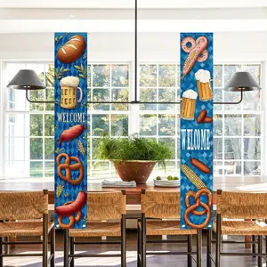 2pcs Oktoberfest Beer Festival Welcome Banner - Blue Grid & Beer Food Design, 70.8x12 Inch Decorative Hanging Flag for Outdoor & Indoor Festivities, Durable Polyester, Beer Accessories