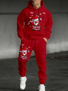 Men's Casual Hoodie Set with Drawstring Waist Pants, Santa Claus Print, Long Sleeve, Fitted, Fall & Winter, Outdoor Activities, Hooded Sweatshirt Set