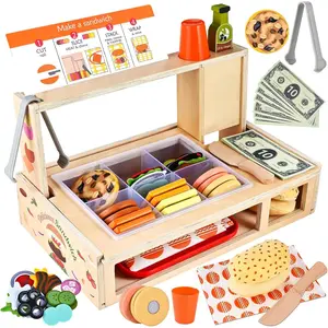 Foldable Sandwich Maker Toy, Wooden Sandwich Counter with Hamburgers, Side Dishes, Beverages, Pretend Play Kitchen Food Toy, Preschool Toys Gift for Kids 3+