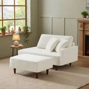 Indoor Chaise Lounge Set with Ottoman & 2 Throw Pillows, Boucle Upholstered Reclining Chair, Versatile Accent Chaise for Living Room, Bedroom & Lounge Area