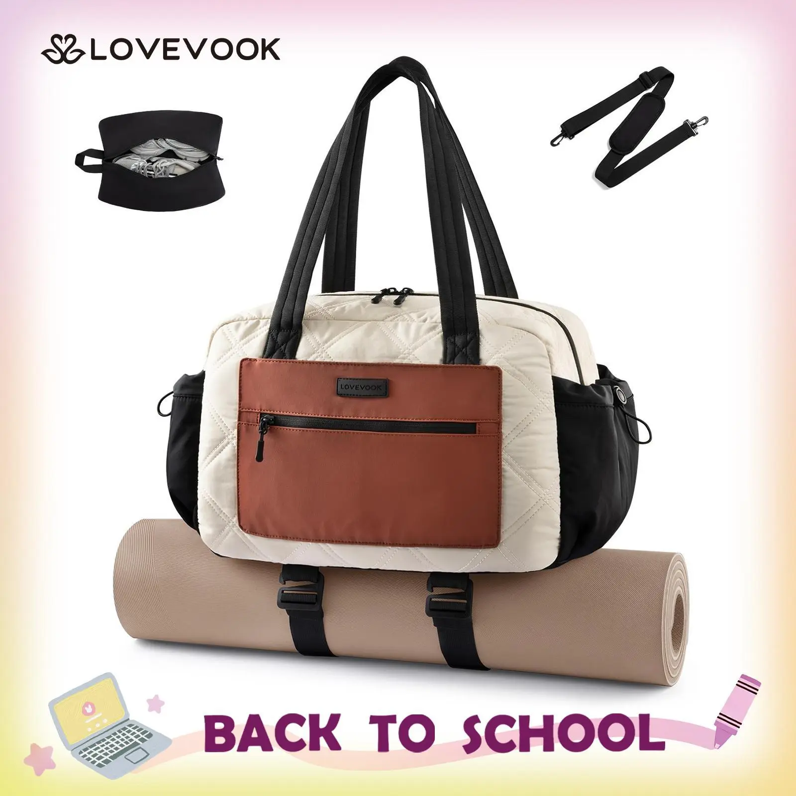 LOVEVOOK Women’s Gym Duffel Bag with Yoga Mat Holder & Wet Pocket, Lightweight Carry On Weekender, Personal Item Travel Bag for Workout, Dance, Ballet, Yoga, Hospital, Weekend Trips