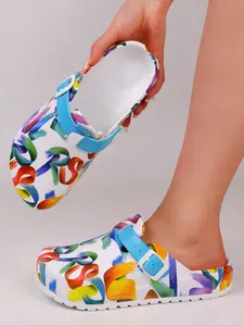 Women's Fashion Colorful Letter Print Hollow Out Shoes, Eva Summer Anti-Slip Work Shoes, Lightweight Flat Soft Sole Adjustable Strap, Eva Slippers, Work Clogs