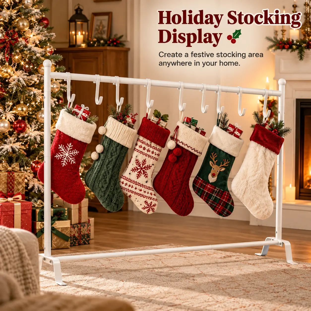 Christmas Stocking Holder Stand, Freestanding Metal Stocking Hanger Rack with 10 Hooks, White Holiday Stocking Display Stand for Fireplace, Living Room & Christmas Decorations