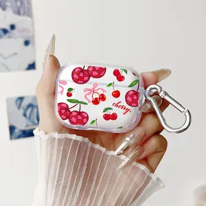 Cherry Delight Pattern TPU Soft Protective Case for Apple AirPods 4/3/2/1/Pro/Pro2 Transparent Earphone Cover with Keychain Attachment