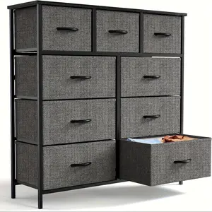 Dresser For Bedroom With 9 Fabric Drawers, Tall Chest Storage Tower Organizer Units For Clothing, Closet, Kids Room Furniture, Steel Frame Wood Top Lightweight Quick Assemble Cabinet