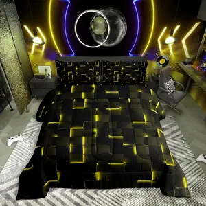 Neon Black Yellow Comforter Set,3D Geometric Checkered Bedding Set,Plaid Abstract Quilt Bed Set,Video Game Bedroom Decor for Kids Boys Girls