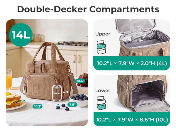 【NEW IN】BAGSMART Insulated 14L Lunch Bag for Women, Double Deck Leakproof Cooler Bag with Corduroy Texture for Office Work & Outdoor Picnic summerwins tiktokshopsummersale tiktokshopbacktoschool