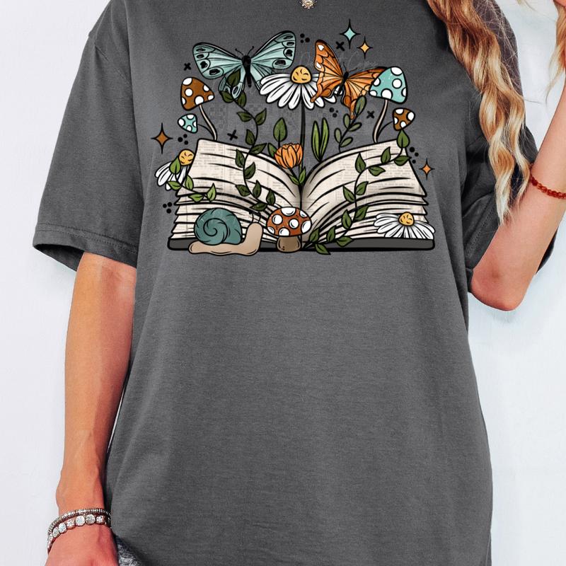 Cottagecore Open Book Butterflies Greenery w/ Sleeves Womens Graphic T-shirt/Crewneck