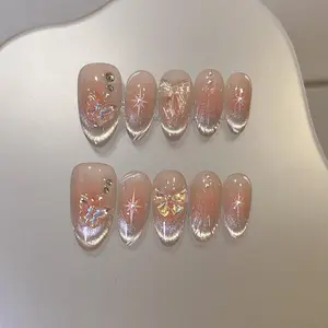 Fairy Jelly Rose Blush French Style Star White Cat Eye Nail, Butterfly Press on Nails