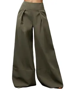 Army Green Pleated Wide Cuff Wide Leg Office Pants High Waist Loose Baggy Fit Woven Fabric with Pockets