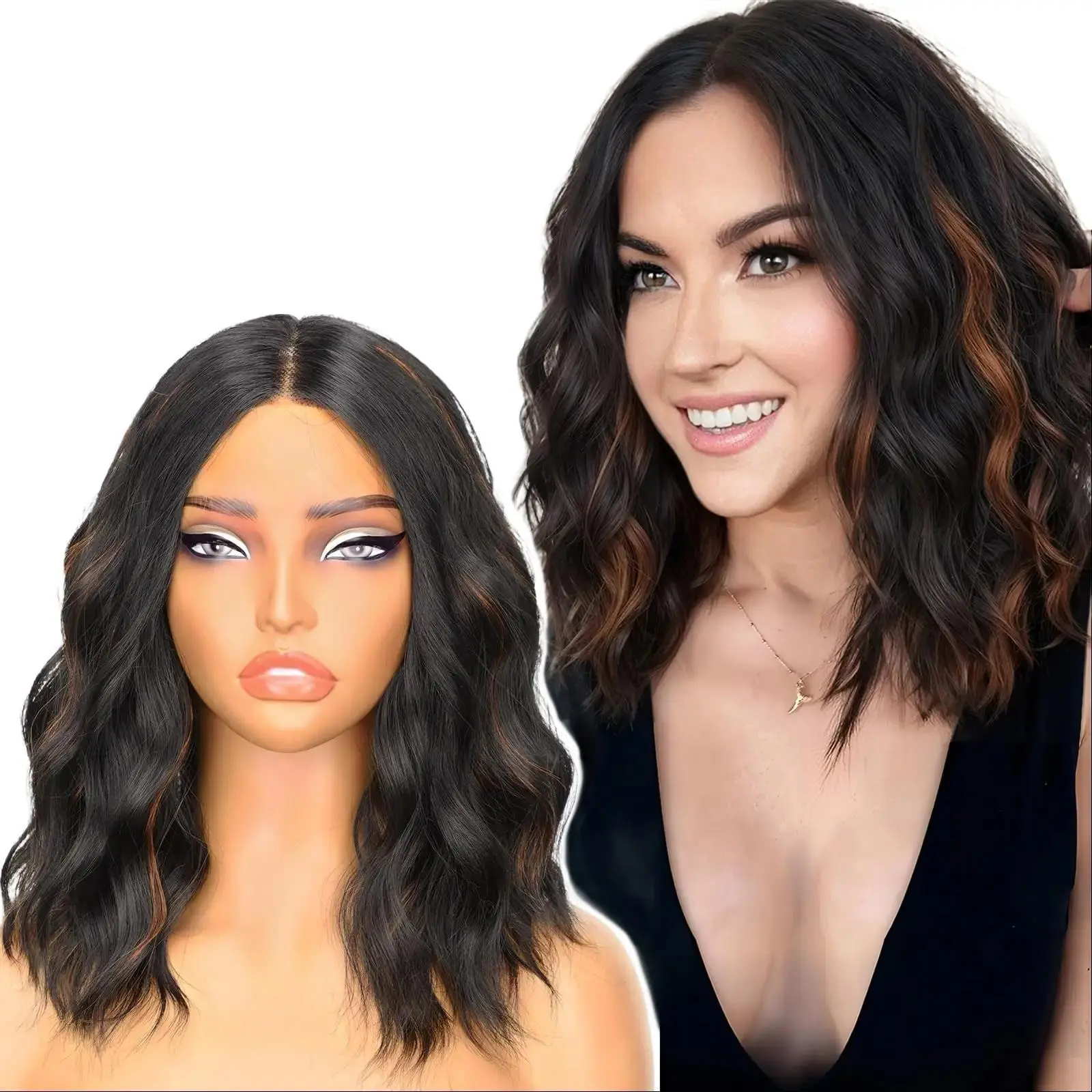 AISI HAIR 14 Inch Wave Curly Wigs for Women Pre-Cut Lace Hairline Shoulder Length Middle Part Wavy Bob Synthetic Heat Resistant Fiber for Daily Natural Looking Wig Highlight Brown Wig