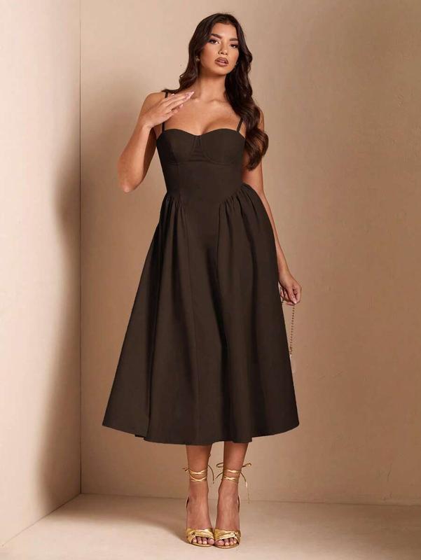 SHEIN BAE Elegant Women Spaghetti Strap Maxi Flare Dress, Suitable For Casual Dating, Outing, Nightclub, Party, Autumn Season,Summer Dresses For Women,Tea Party Dress