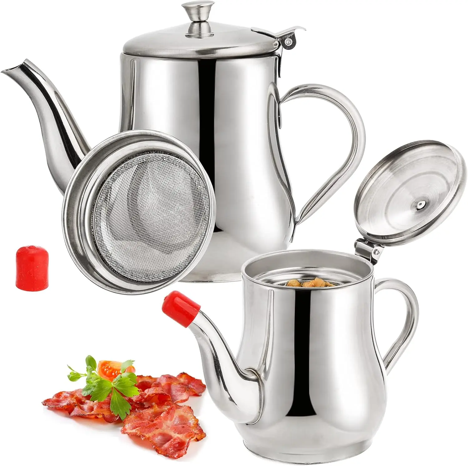 2 Pack Bacon  Container with Mesh Strainer, 27oz 22oz Stainless Steel Oil Storage Pot for Storing Frying Oil and Cooking