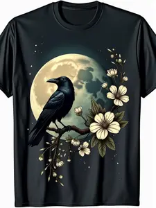1pc MenS Gothic Raven & Floral Print TShirt Washed Vintage Round Neck Casual with Crow & Branch Design AllSeason for Outdoor Sports & Holiday Gifts Gothic Style Casua Comfortable Graphic Print Shirt All-Season for Everyday & Outdoor Activities