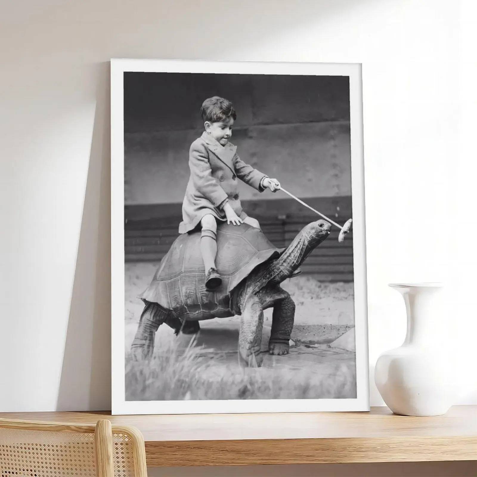 Boy Riding Pet Tortoise _ Black And White Vintage Photo,photo, vintage, couple，Minimalist Neutral Poster Print, Aesthetic Wall Decor for Bedroom.