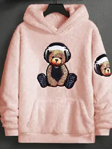 Autumn Winter Fleece Hoodie, Casual Pullover Bear Print Long Sleeve Polyester Fabric, Fashion Colorblock Design, All-Season Wearable