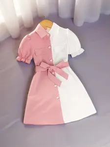 Young Girls Patchwork Adjustable Waist Belt Bubble Short Sleeve Dress, Fashionable Summer for Daily Wear, Collared Button Dress, Casual Dress