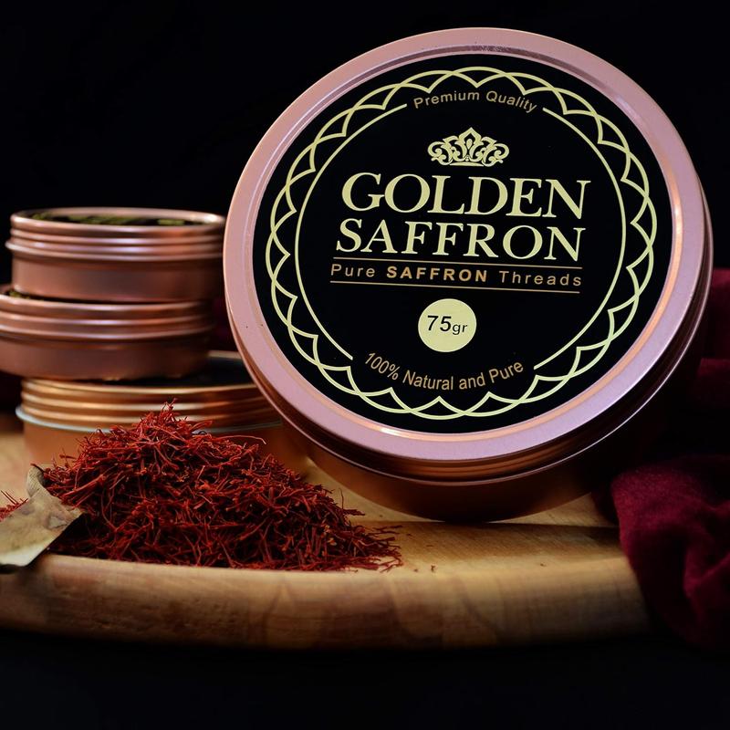 Golden Saffron, Finest Pure Premium All Red Saffron Threads, Grade A+ Super Negin Non-GMO Verified. For Tea, Paella, Rice, Desserts, Golden Milk and Risotto (2 to 75 Grams)