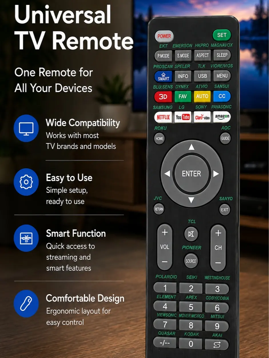 Universal TV Remote Control Replacement for Smart TVs, UTV-T1115A, Compatible with Emerson, Magnavox, Sanyo, TCL, Hisense, Element, Westinghouse, Seiki, Polaroid, JVC, Akai, Coby and More