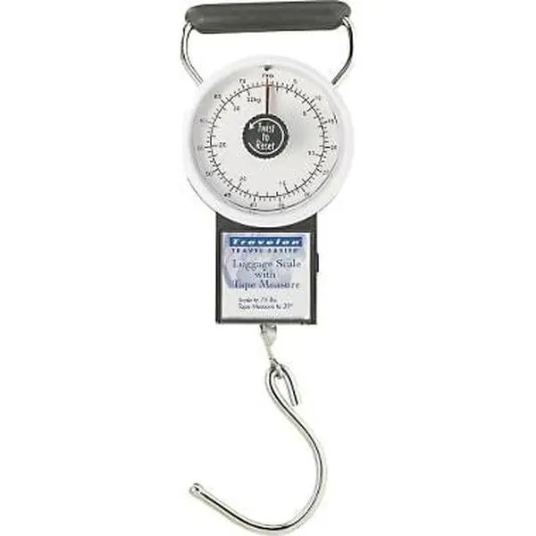 Travelon Portable Luggage Scale for Travelers, Handheld with Integrated Tape Measure, Easy-Read Locking Dial & 75 lb Capacity, Dial Stops And Locks, Up To 75 Lbs