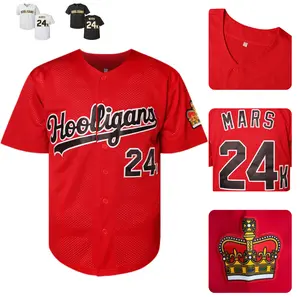 Mars "Hooligans" #24 Baseball Jersey, Concert Party Wear, Breathable Mesh, Relaxed V-Neck, Button-Down Design, Embroidered Casual Wear For Hip Hop&Rap Lovers