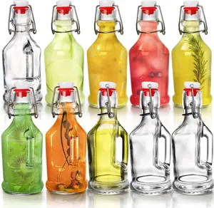 10 Pack Swing Top Glass Bottle, 8.5 Oz Clear  Kombucha Brewing Bottles with Airtight Lid, Flip Top Fermentation Bottle with Handle for Kefir Oil Vinegar Vanilla Extract Carbonated Drink