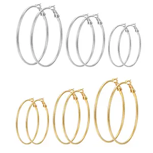 6 Pairs of Thin Tube Large Hoop Earrings Geometric Circle Hoop Earrings Women's Earring Set Simple Fashion Hypoallergenic Stainless Steel Gold Plated Dainty Stud Huggie