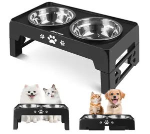 Jovrun Elevated Dog Bowls for Small Dogs and Cats, Non-Slip Cat Bowls with 2 Thick 5.5" Stainless Steel Dishes, Dog Feeder 2 Heights Adjustable to 2.6"-5.3"