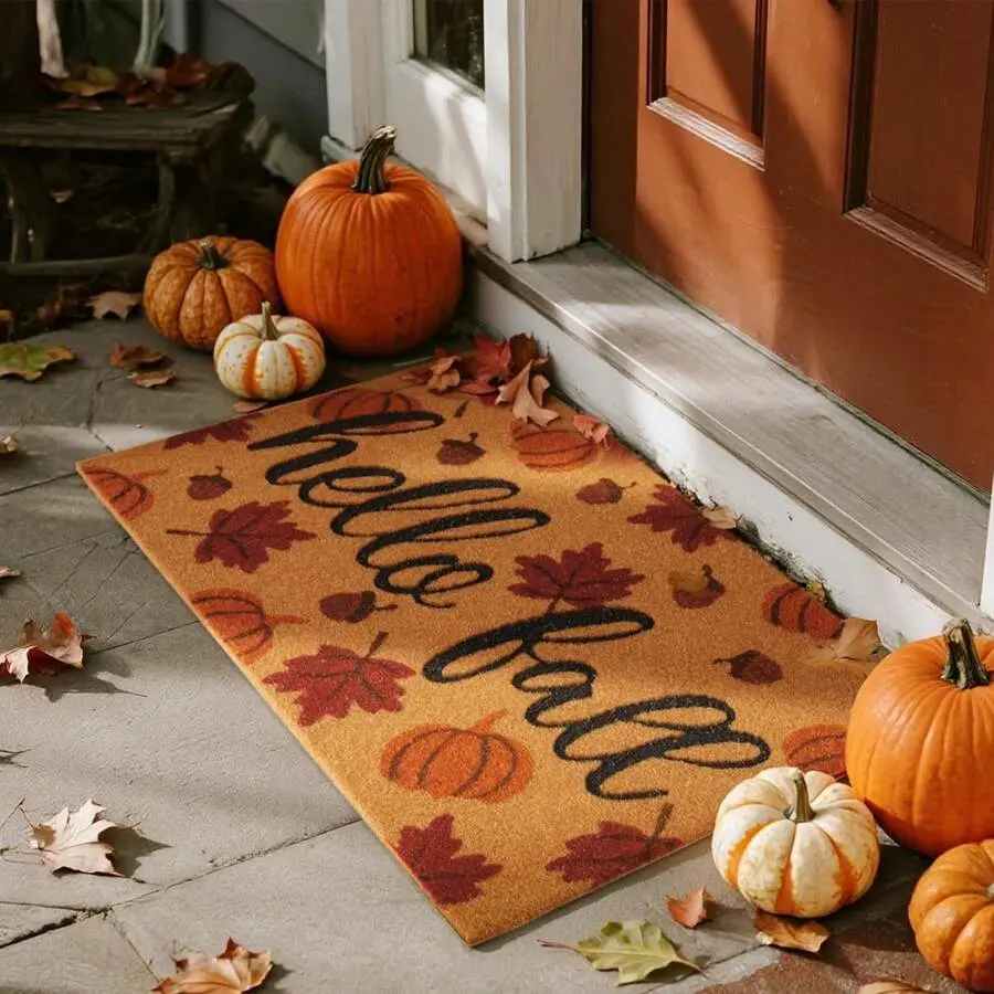 1pc Hello Fall Pumpkin Door Mat Autumn Welcome Mat For Front Door Outdoor Entrance Doormat Coir Dirt Trapper With Non Slip Backing, Perfect Gifts For Happy Halloween/Merry Christmas/Fall Home Decoration