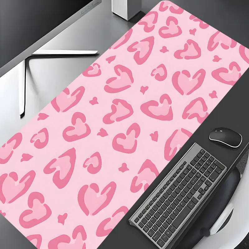 Pink Leopard Heart Pattern Large Gaming Mouse Pad, Washable Rubber Extended Desk Mat with Non-Slip Base, Girly Aesthetic Home Office Decor, Christian Gifts for Women, Computer Desk Accessories