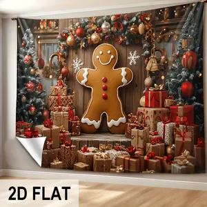 Christmas Gingerbread Man Wall Tapestry, 2D Flat Print Velvet Fabric Holiday Backdrop with Candy Canes & Presents for Living Room Bedroom Dorm Festive Wall Decor