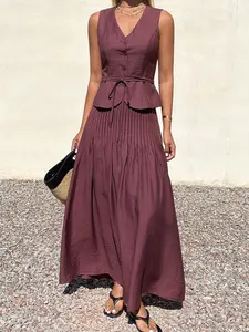 Elegant Pleated Skirt Set for Women Sleeveless V Neck Summer Vacation Outfit Chic Two Piece Matching Set