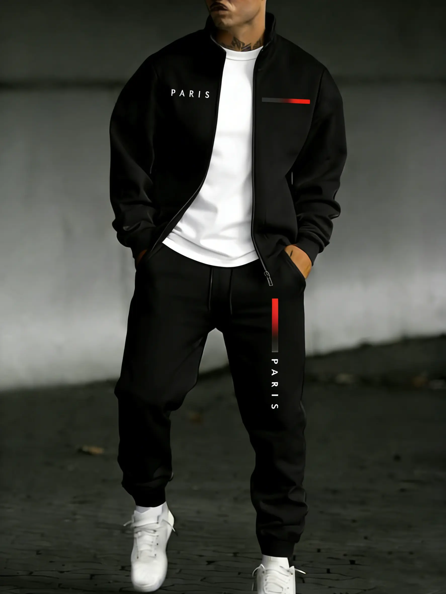 Men's Streetwear Tracksuit 2-Piece Set with PARIS Letter Print, Zip-Up Jacket and Jogger Pants Casual Athletic Sportswear Athleisure Gym Clothes, Tracksuits, Casual Wear, Polyester, Long Sleeve, Gym Wear, Male, Sporty Chic
