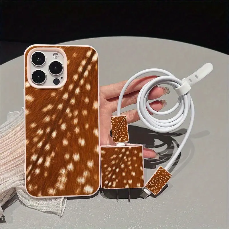 Liquid Hole iPhone Case Set, Deer Pattern, Shockproof, Includes Charger Cover & Cable Protector, Fits iPhone 11-16 Series