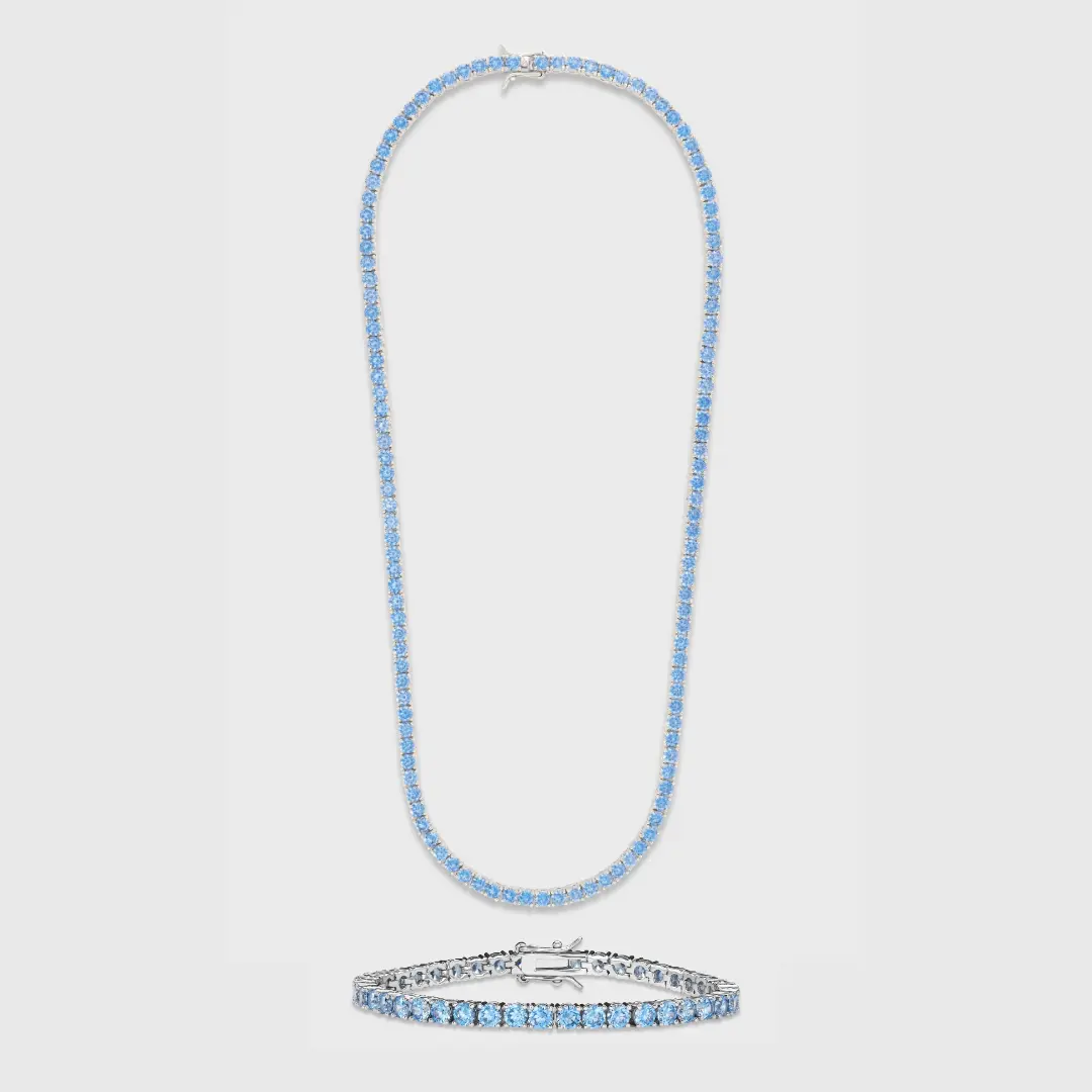 IMPERIUM JEWELRY 4mm Silver Blue Tennis Chain and Bracelet, Elegant Everyday Fashion Costume Jewelry Accessory Set, Elegant Jewelry Set