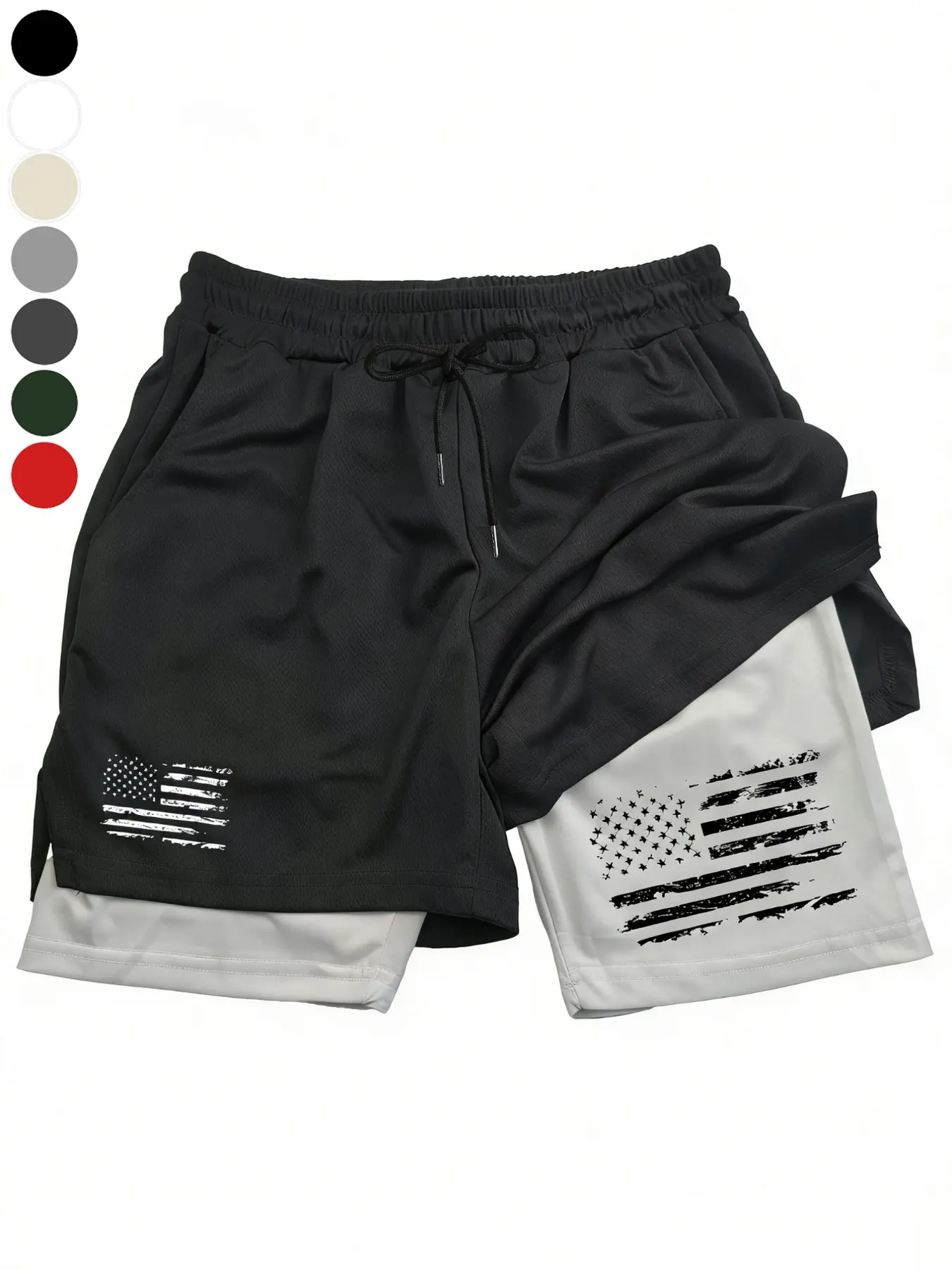 Men's Vintage American Flag Two-Piece Gym Shorts, Mesh Outer Layer & Compression Inner Lining, Street Style Gym Wear Essential