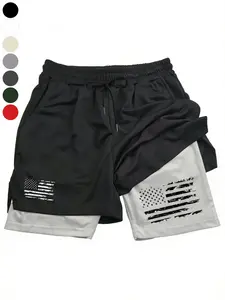 Men's Vintage American Flag Two-Piece Gym Shorts, Mesh Outer Layer & Compression Inner Lining, Street Style Gym Wear Essential