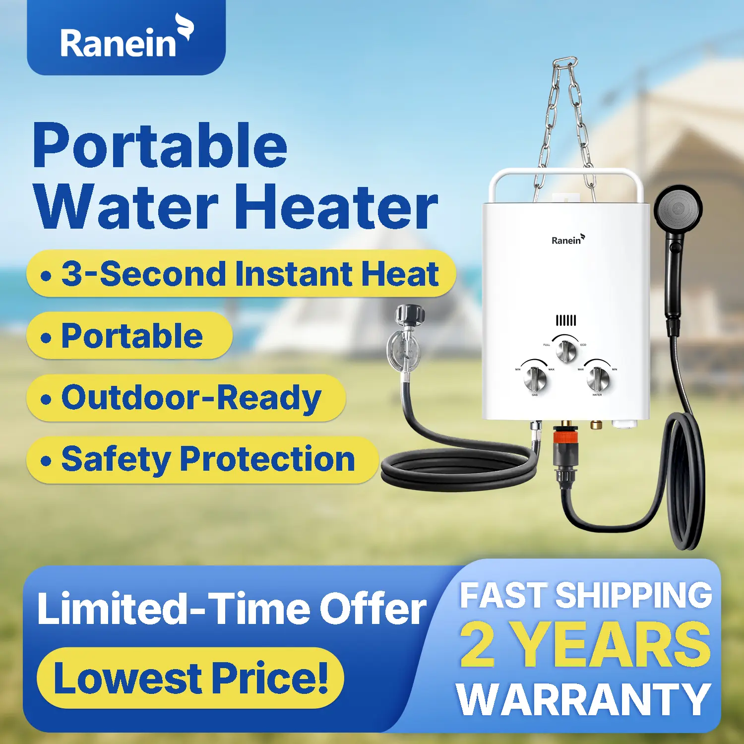 Ranein Tankless Water Heater Outdoor, Up to 1.32 GPM 34,000 BTU, Portable Propane Camping Water Heater with Eco-Mode