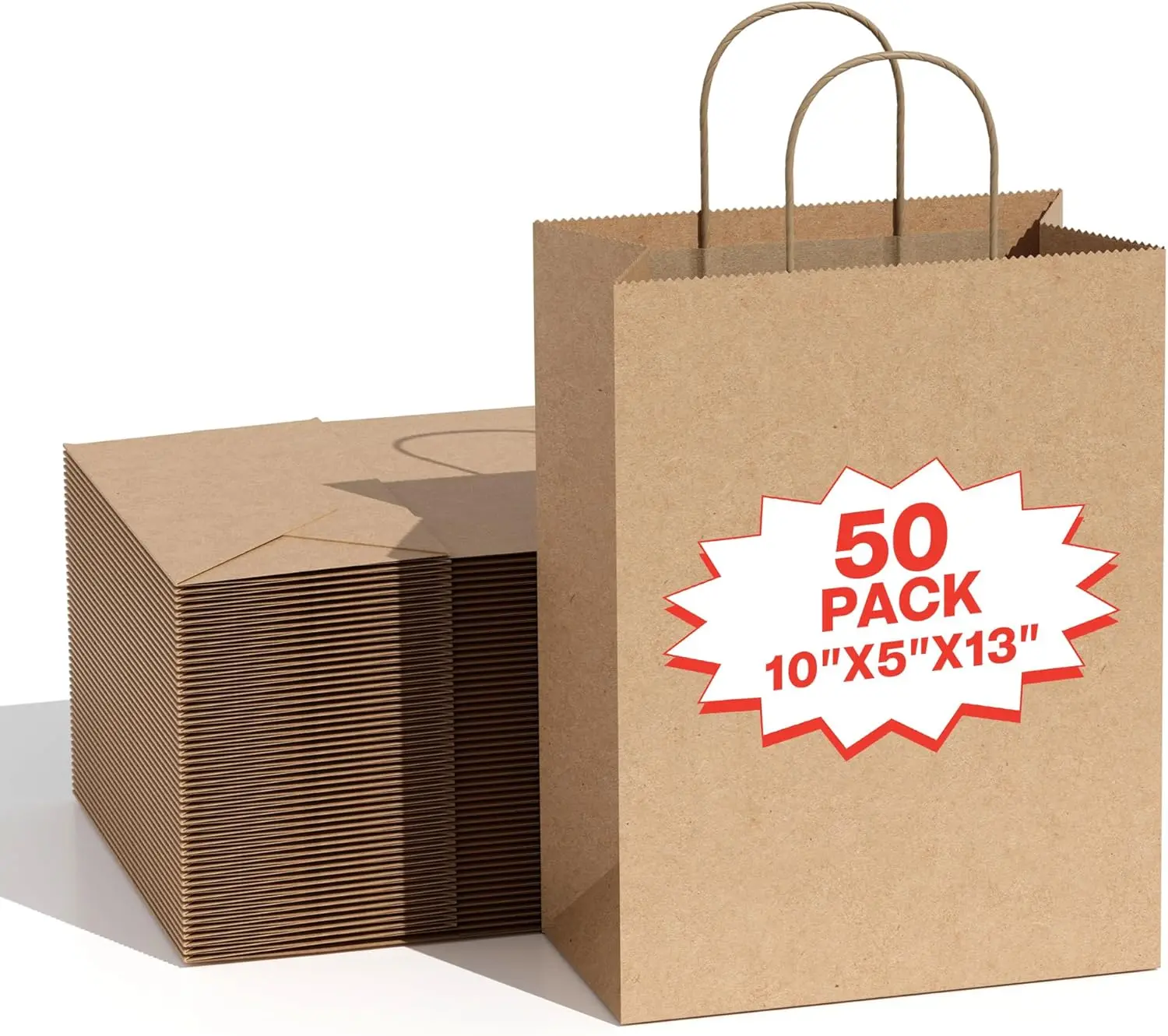 Simple Deluxe 50-Pack Kraft Paper Bags with Handles 10x5x13 Inch Recycled Brown Gift Bags for Shopping Retail Grocery Party Favors Merchandise Bulk Eco-Friendly Reusable Design