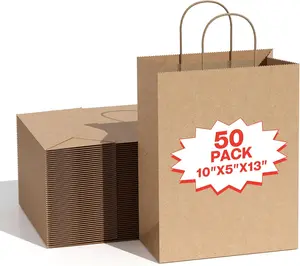 Simple Deluxe 50-Pack Kraft Paper Bags with Handles 10x5x13 Inch Recycled Brown Gift Bags for Shopping Retail Grocery Party Favors Merchandise Bulk Eco-Friendly Reusable Design